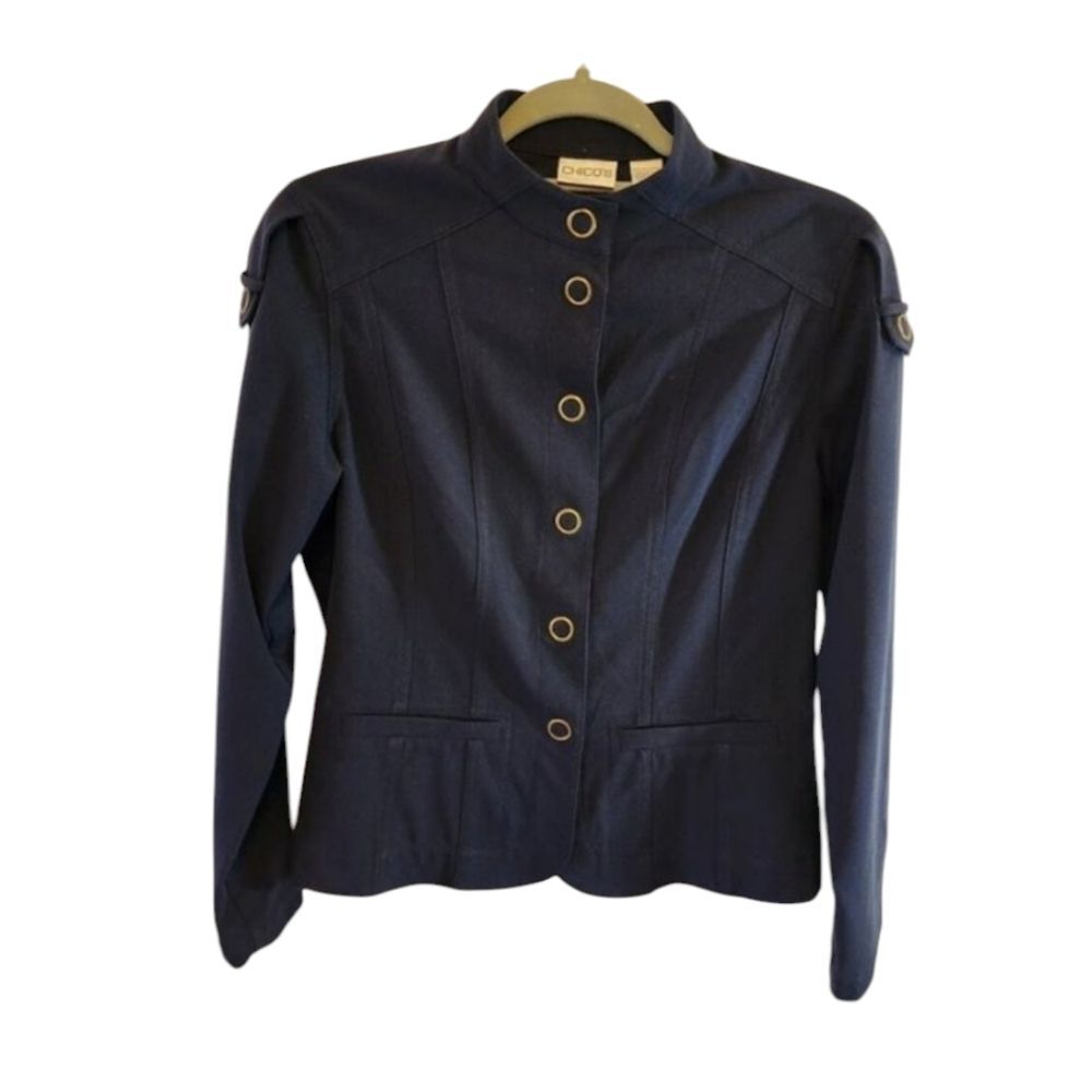 CHICO'S NAVY MILITARY STYLE JACKET, SIZE 0 SMALL - 4 LONG SLEEVE SNAP BUTTON